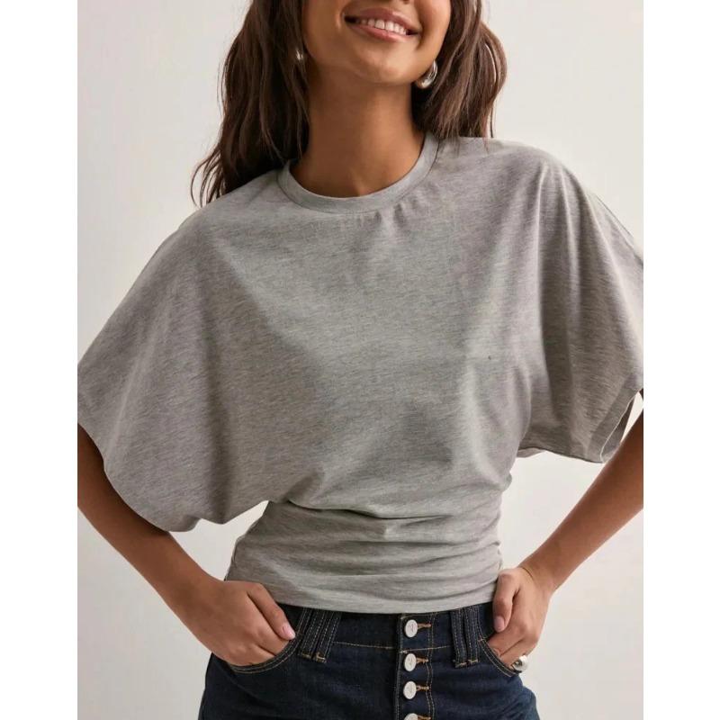 Women's Solid Color Crew Neck Batwing Short Sleeve Cropped T Shirt Casual Loose Fit Basic Blouse Top