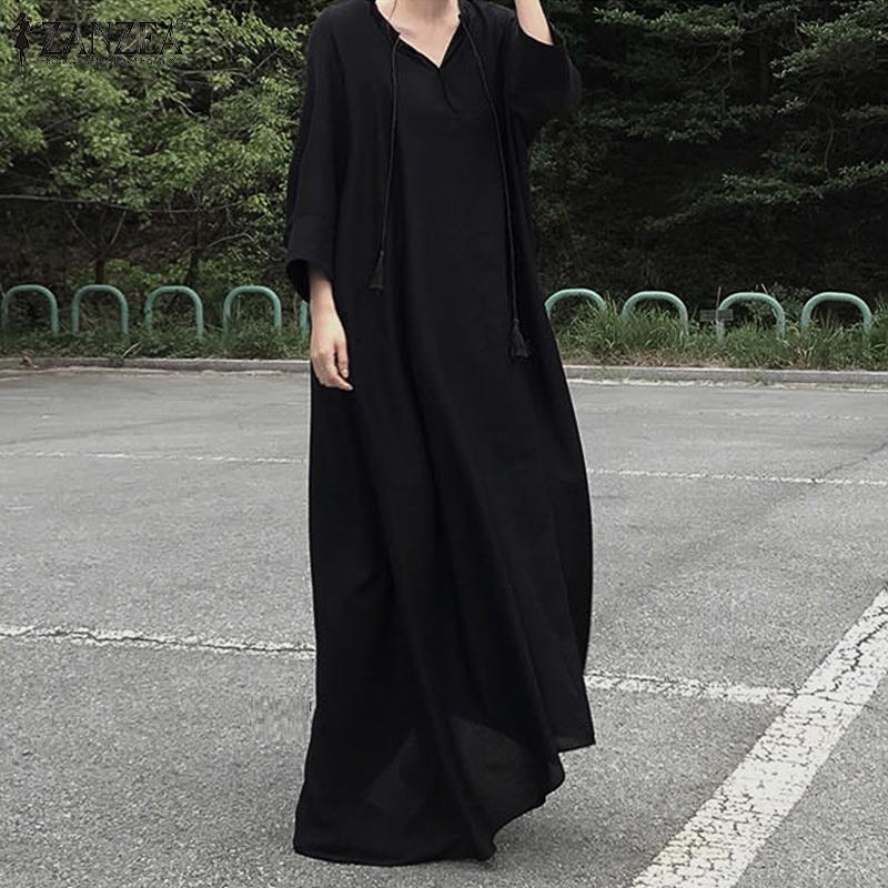 Women V-neck 3/4 Sleeve Cotton Dress Summer Loose Casual Kaftan Long Dress