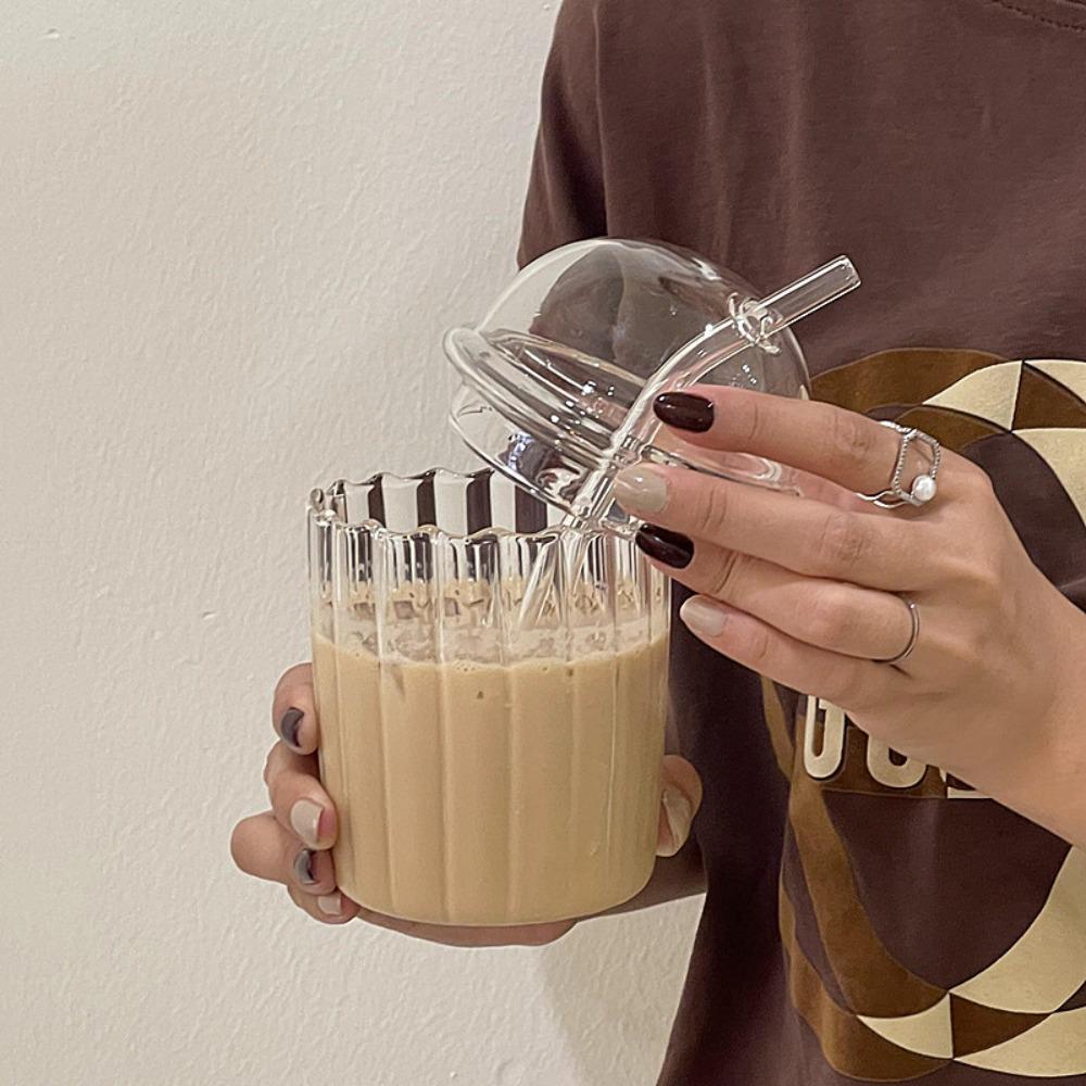 Clear Glass Straw Cup Dome Lid Drinking Cup Drinkware Milk Tea Cup  Coffee