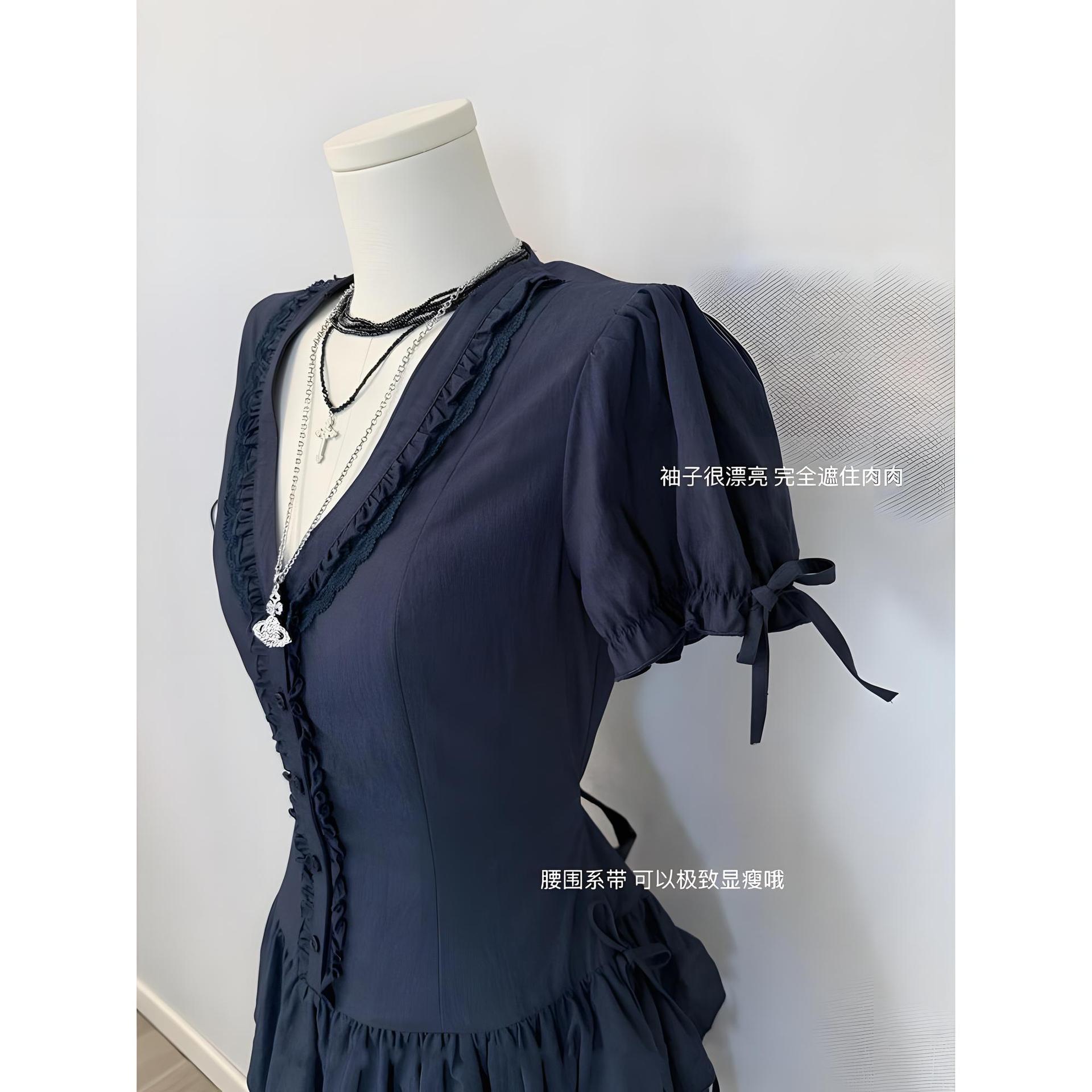 

Кружевное кружевное платье с V-образным вырезом, бант на талии, темпераментная юбка-торт, летнее новое повседневное XL- (recommended 110-60kg)