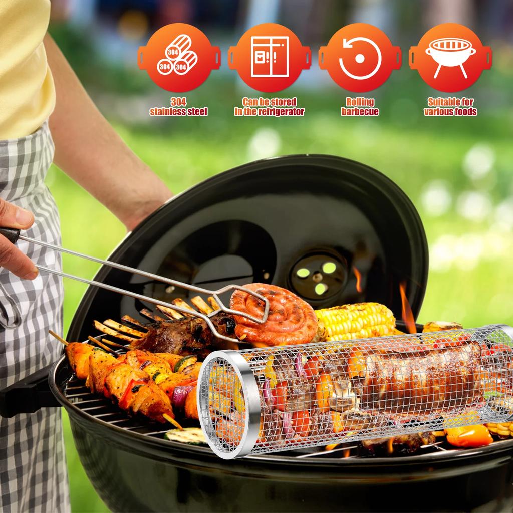 BBQ Basket Stainless Steel Rolling Grilling Basket Wire Mesh Cylinder Grill Basket Portable Round Outdoor Camping Barbecue Rack