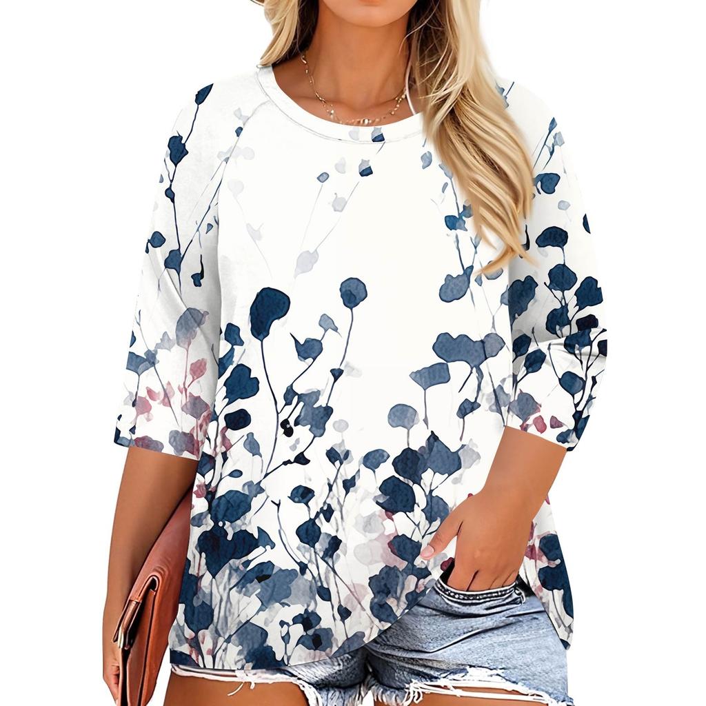 Women's Fashion Casual Print Round Neck 3/4 Sleeve T-Shirt Top
