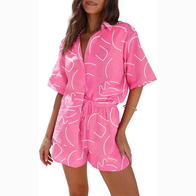 Summer Print Casual Loose Two Piece Set Shirt Women Fashion Plus Size Shorts Sets Beach Holiday Simple 2 Piece Suit Women Blouses Tops 24348