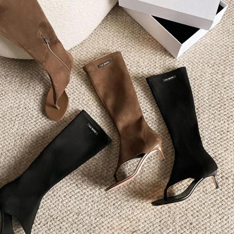 Mode 2025 Schwarz Offene Zehen Clip-On Kniestiefel Damen Moderne Stiefeletten Dünner Niedriger Absatz Seitenreißverschluss Frühling Sommer Party Absatzschuhe Sandalen