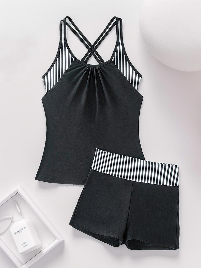 2025 European & American Print Tankini Swimsuit: Conservative Two-Piece with Shorts for Women