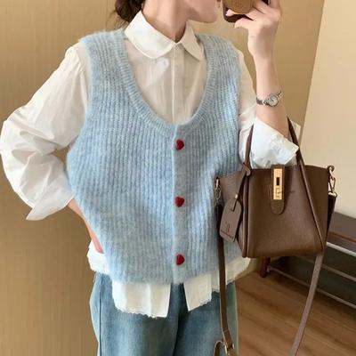 Lovely Heart Button-Up Knit Cardigan Vest, Korean Fashion Sleeveless Sweater Camisole Perfect for All Seasons