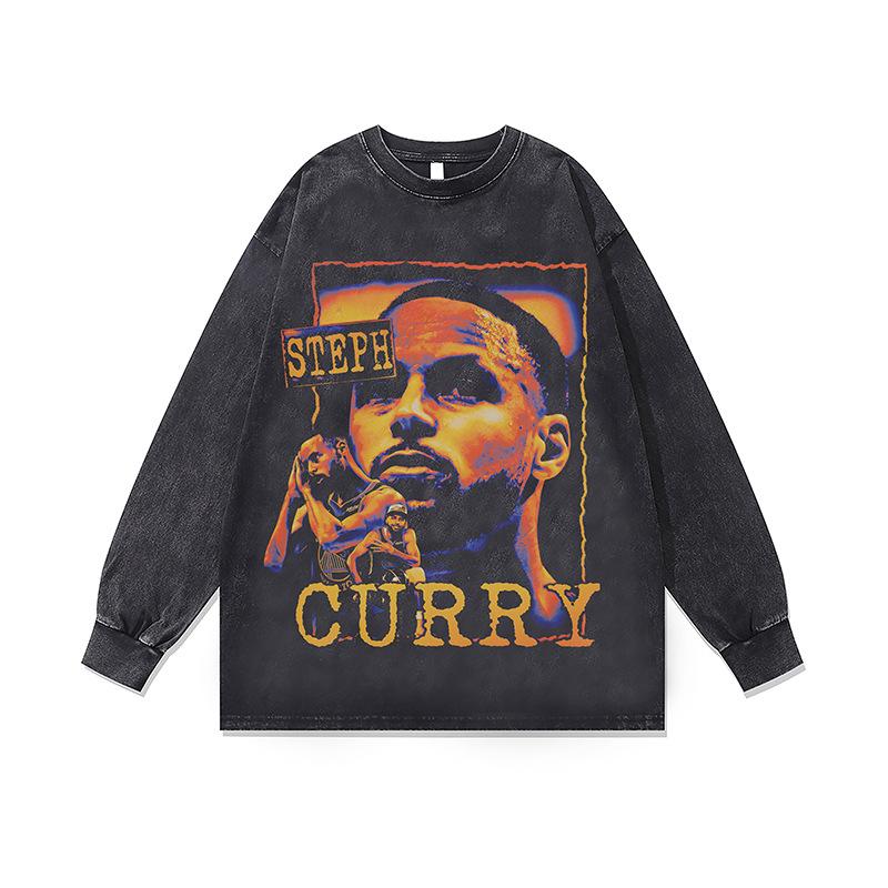 2. American Retro Hip-Hop Star Print Base Top Men'S And Women'S Autumn Washed Crew Neck Long Sleeve T-Shirt