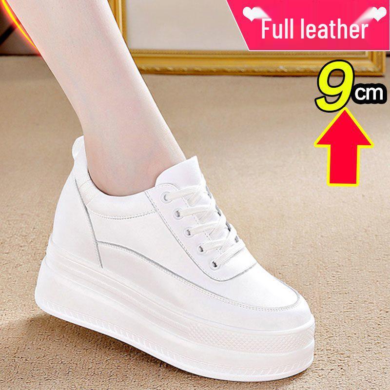 Women's Genuine Leather High Heel Mesh Shoes - 10cm Lift, Thick Sole, Spring Style, White