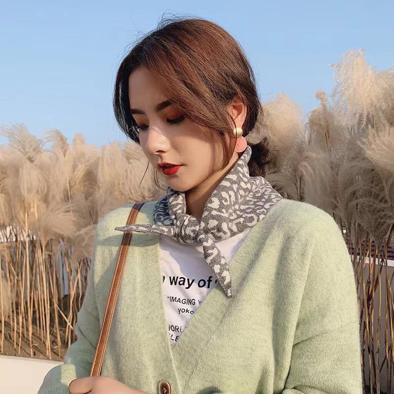 

Leopard Print Knitted Wool Triangle Scarf - Korean Style Double-Sided Warm Shawl for Women 80-100cm