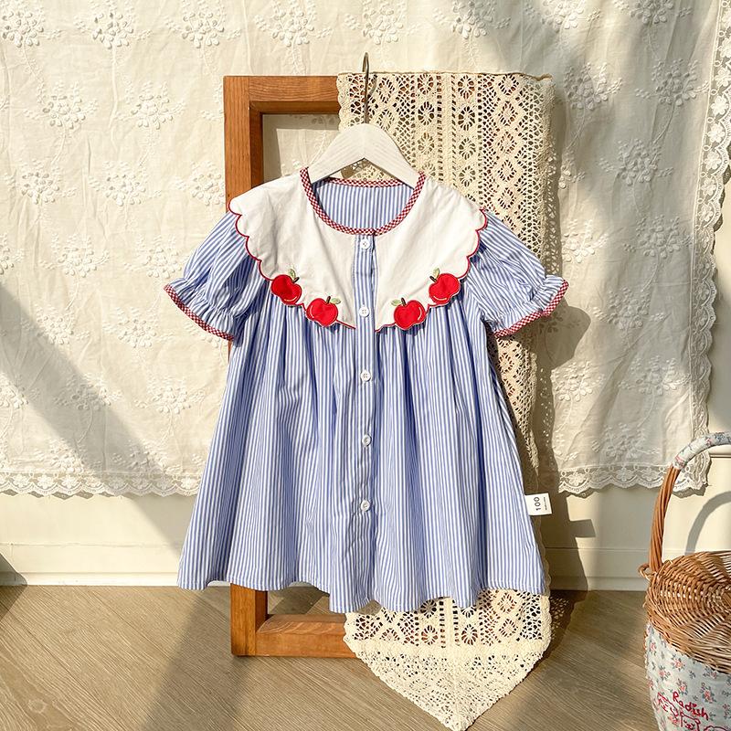 Girls Summer Apple Embroidery Striped Dress Chic Short Sleeve Shirt Dress Unique Design Kids Clothing Fashionable 90cm