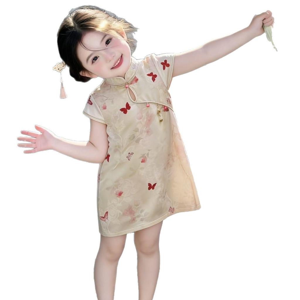 2026 Summer Children's Butterfly Floral Cheongsam Dress - National Style for Girls