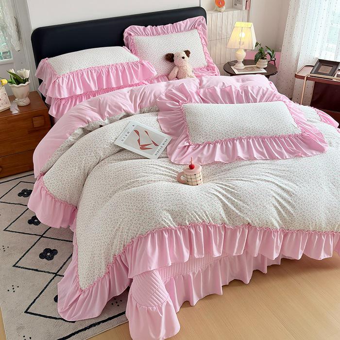 Spring/Summer Washed Cotton Lace Quilt Bedspread Set - 4 Pieces, Machine Washable
