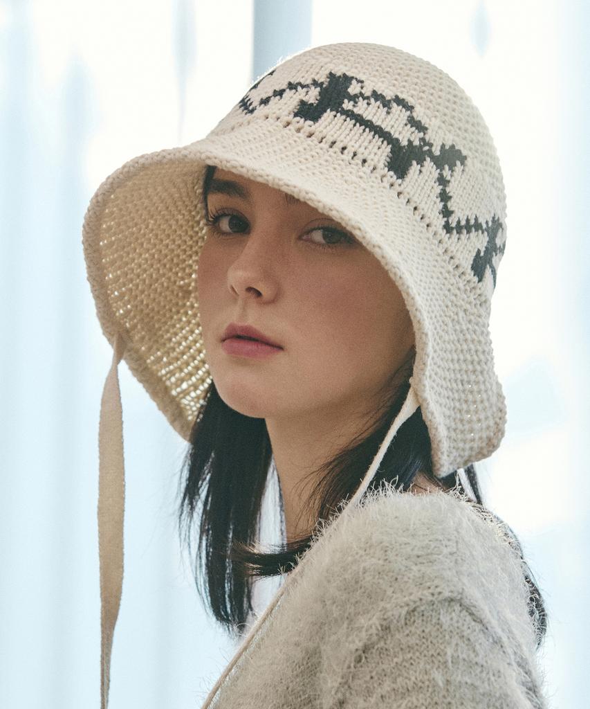 Bajal Va Digital Logo Cozy Knit Bonnet Hat Cream/Black