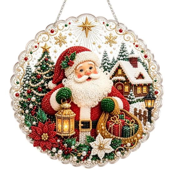 Holiday Window Hanging Decor Christmas Faux Pearl Painting Suncatcher Kit, 3D Nativity/Santa Claus/Bird/Tree Creative Handcrafts Beads Art Craft,