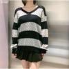 Liangli Fashion BM Style Brandy Same Style Stripes Cable-Knit Sweater V Neck Loose BM Knitwear Pullover