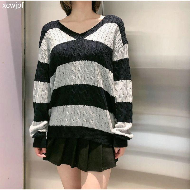 Liangli Fashion BM Style Brandy Same Style Stripes Cable-Knit Sweater V Neck Loose BM Knitwear Pullover