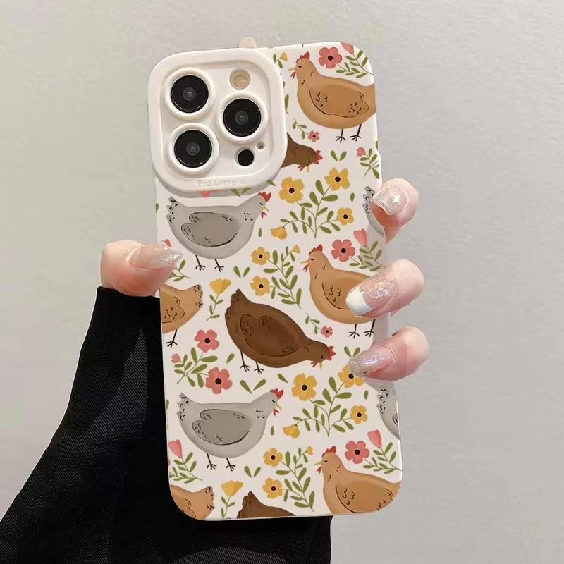 Cute Chicken Flower Pattern Phone Case For iPhone 17 Air 16 E 15 14 13 12 11 Pro Max Plus Mini SE 2020 2022 Soft Silicone Cover