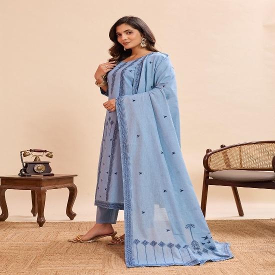 Serene Powder Blue: Geometric Embroidered Cotton Kurta Set with Matching Dupatta