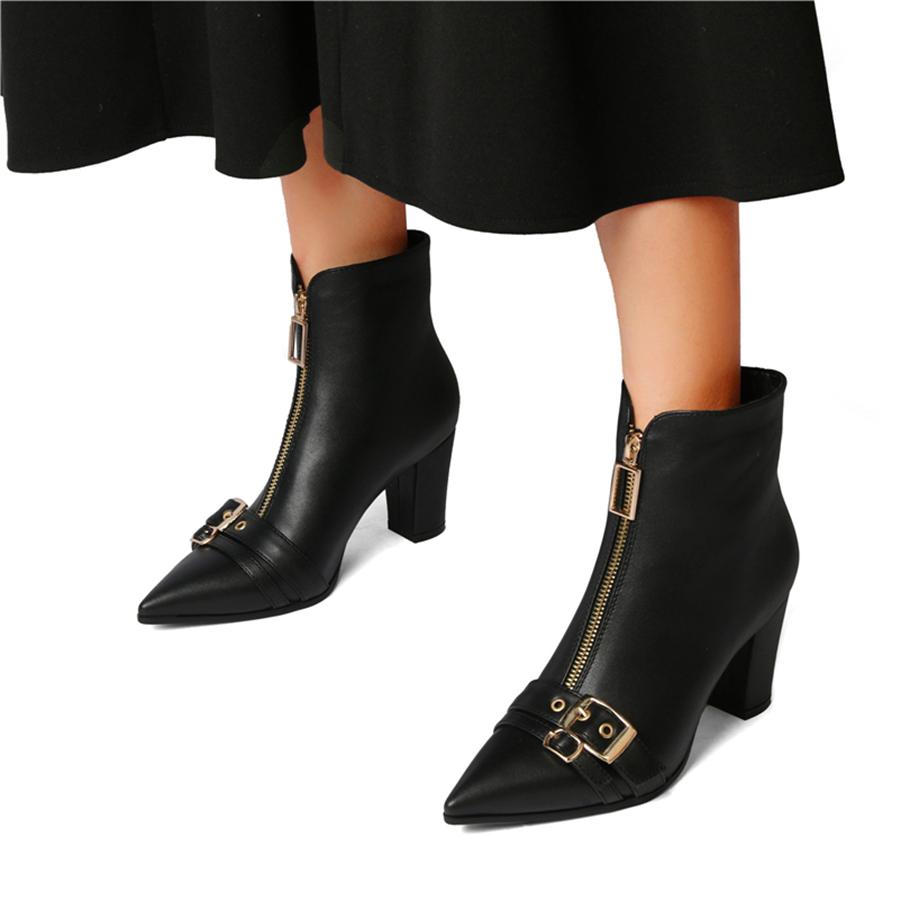 FOREADA Women Ankle Boots Pointed Toe Chunky High Heels Buckle Zipper Short Boots Ladies Fashion Shoes Winter Black