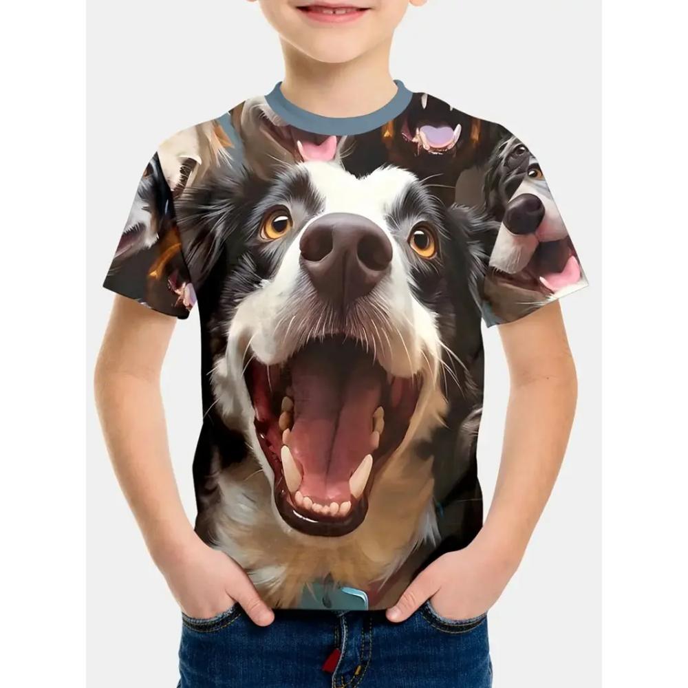 Kids Clothes Cheerful Puppy 3D Print Graphic T Shirts Summer Outdoor Play Crew Neck Short Sleeves Children's Boy's Clothing