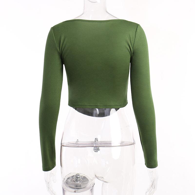 Square Collar Long Sleeve Casual Women T Shirts Green Autumn Skinny Sexy Solid Basic Crop Tops Fashion Streetwear