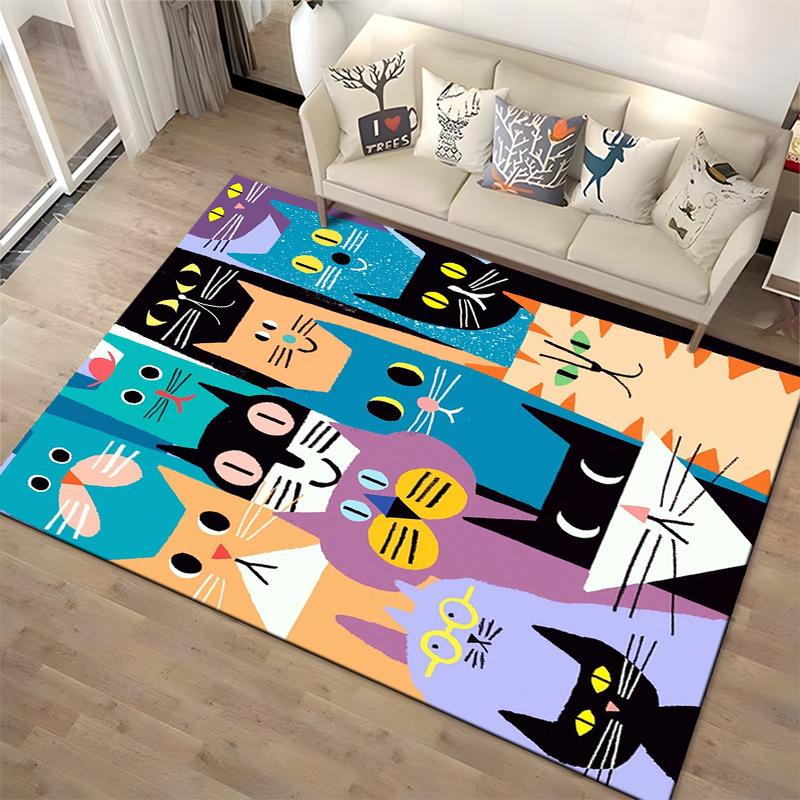 Colorful Cartoon Cats Illustration Printed on Carpet Whimsical and Artistic Design Suitable for use as an anti-slip for room and bedroom sofas