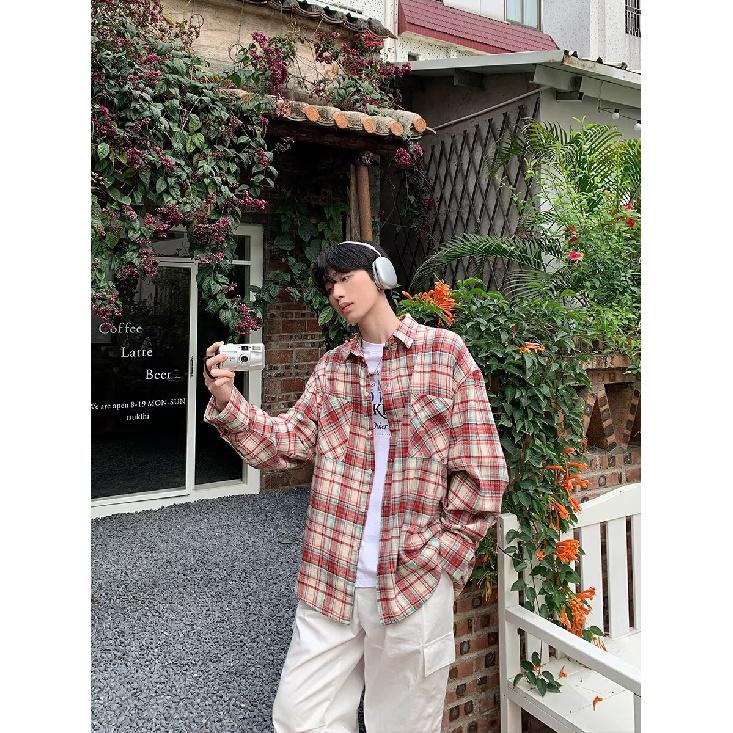 Kostkovaná košile s dlouhým rukávem 2024 Japonský hongkongský styl volná chlapecká košile letní trendy všestranný ležérní kabát