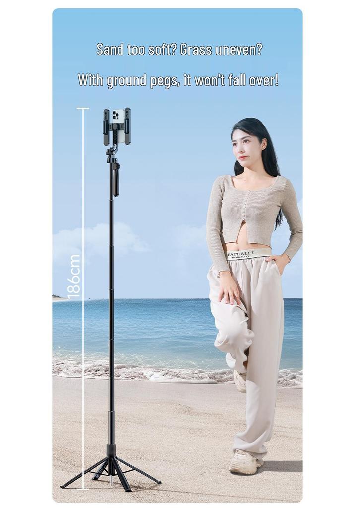 Bluetooth Selfie Stick H186: Anti-Shake, Retractable Stand with Ground Stake and Anti-Tip Four-Leg Design for Mobile Phones.