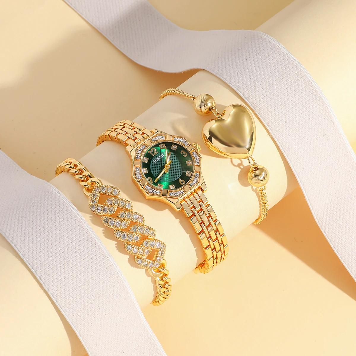 Fashionable and Luxury Diamond Set Dial Rhinestone Scale Women s Quartz Watch Bracelet Set of 3 for Thanksgiving Christmas Gifts зелёный