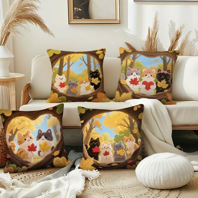 Cartoon Kitten Autumn Cute Cushion Cover Pillow Cover Decoration Room Home Sofa Living Office Car Nordic Simplicity