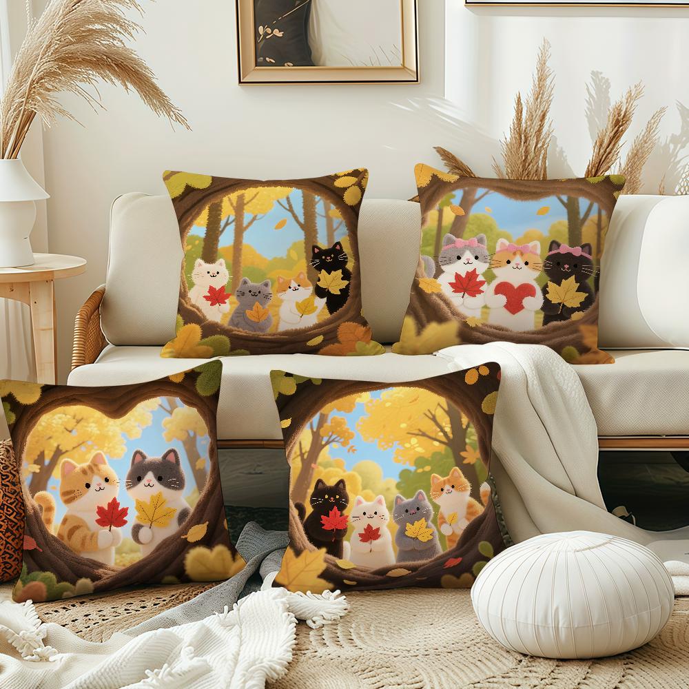 Cartoon Kitten Autumn Cute cushion cover Pillow Cover Decoration Room Home Sofa living Office Car Nordic Simplicity