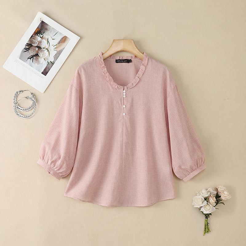 ZANZEA Women Casual V-neck Plaid Print Loose Half Sleeve Blouse
