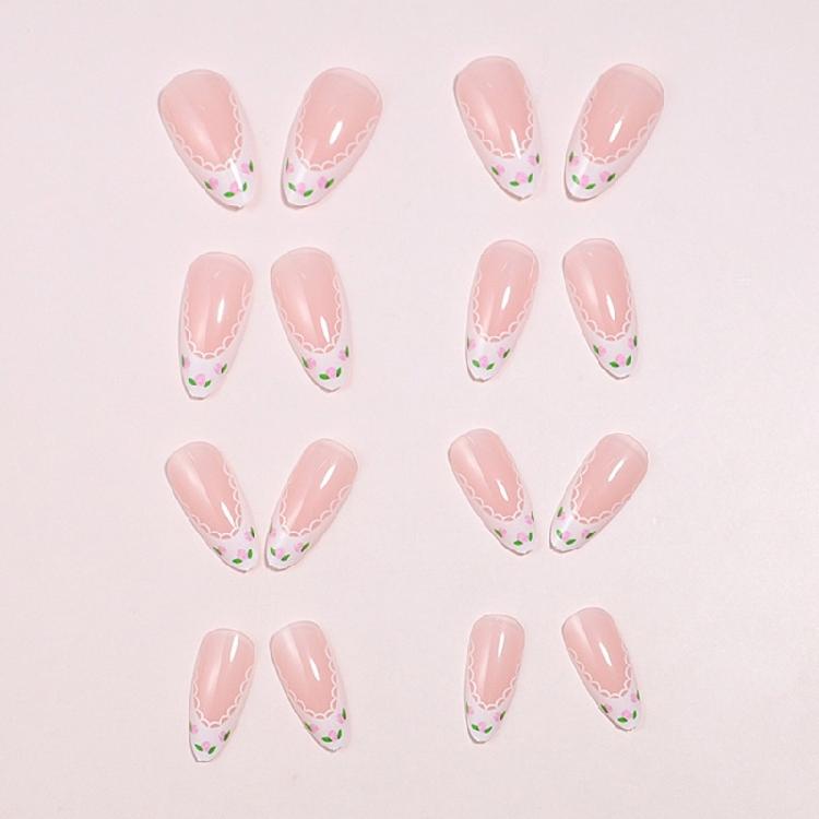 24 Pcs Press On Nail Set Acrylic False Nail With Lace and Flower Designs Nail Accesories Stick On Nail for Daily Wear