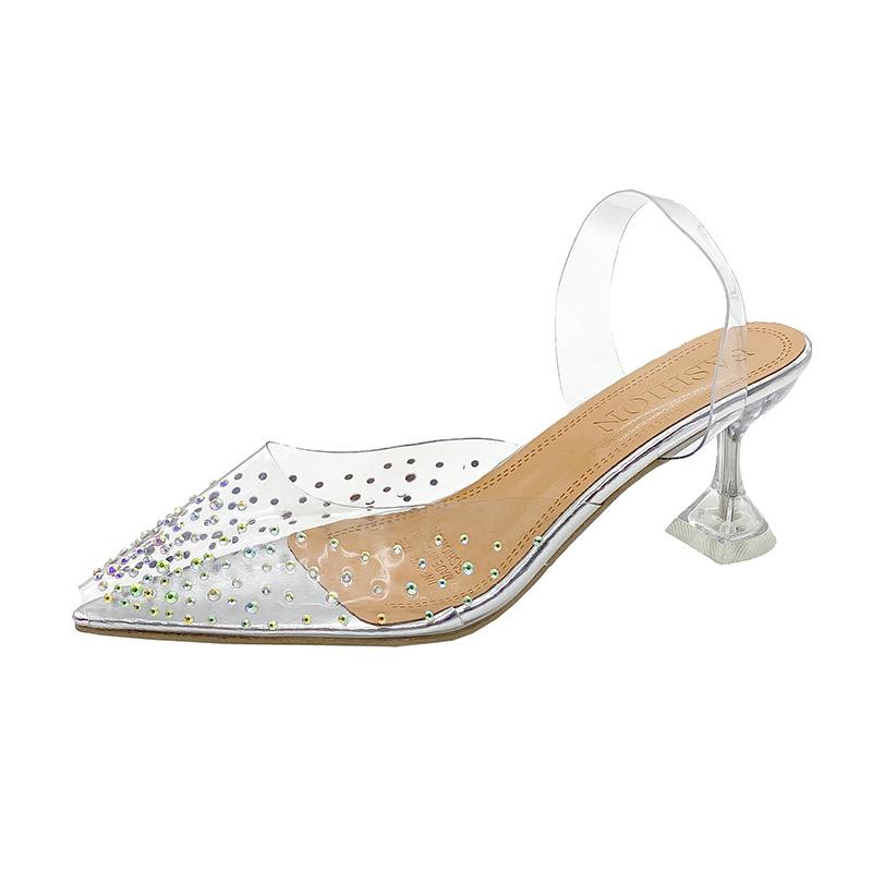 2023 summer new women's Korean version pointed rhinestone wine glass and high-heeled sandals women's fashion transparent crystal shoes