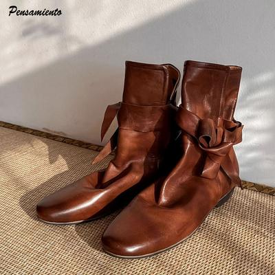 Mode Herbst Winter Weiches Leder Schnürstiefel Damen Stiefeletten Bequeme Flats Kurze Stiefeletten Mode Schleife Chelsea Boots Schuhe Botas
