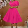 Large Size Women Fashion Solid Dress Ladies Elegant One Piece V Neck Puff Sleeves Swing Dress