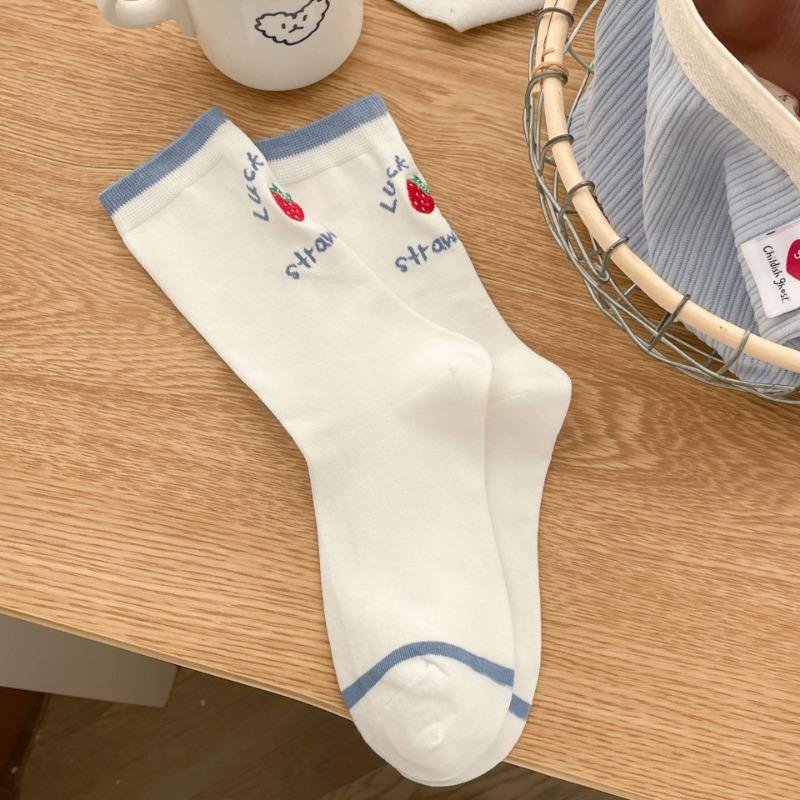 

White Mid-calf Socks for Women, Fruit Strawberry Trendy Brand Dui Dui Socks, Spring College Style, Fabric Label Cotton Socks for Women 1 pair