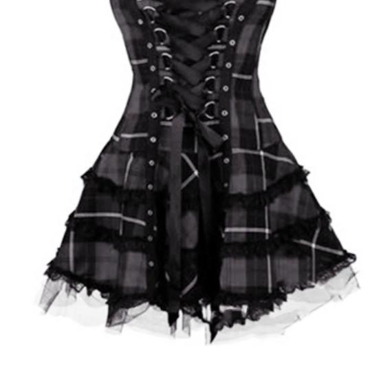 Steampunk Plaid Mini Dress for Women Lace Up Sleeveless A-Line Dress Medieval Renaissance Corset Lace