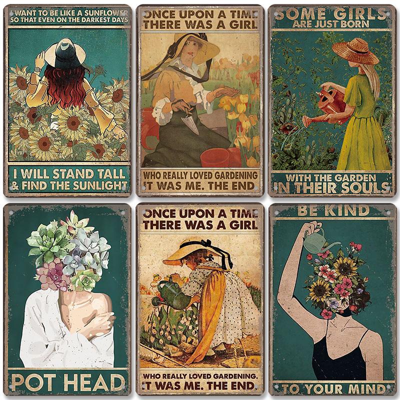 Gartenplaketten, Vintage-Metallblechschilder, Katze, Hund, Sonnenblumen, Mädchen, Metallplatte, Blumenladen, Herrenhaus, Wohnzimmer-Wanddekoration