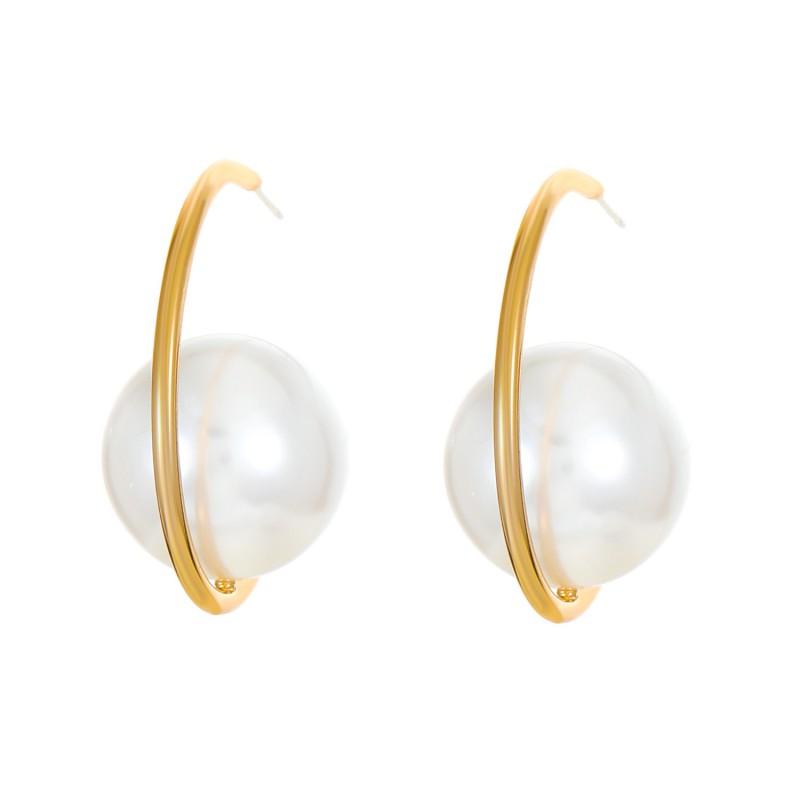 Geometric C-Shaped Pearl Earrings Women Trendy Ins Style Alloy Studs With 14K Gold Plated Post