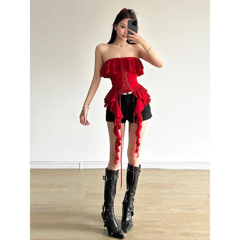 # Sisjuly# ABG Sweet Cool Sexy Style Layered Ruffles Patchwork Lace-up Waist-Controlled All-Matching Tube Top Female Summer