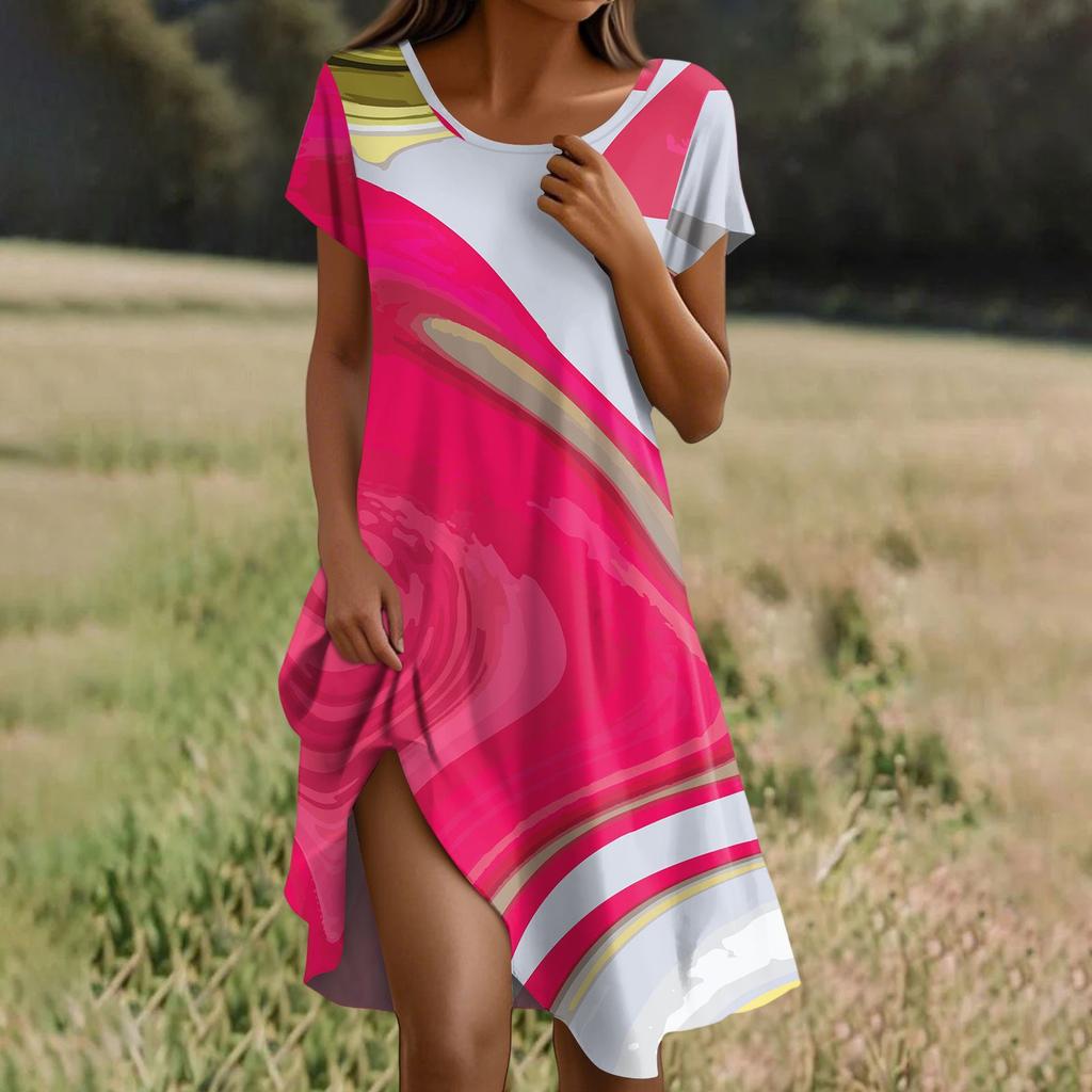 Short Sleeve Boho Dress For Women Casual Loose Fit Summer Sundress Texture Print Dress With Pockets