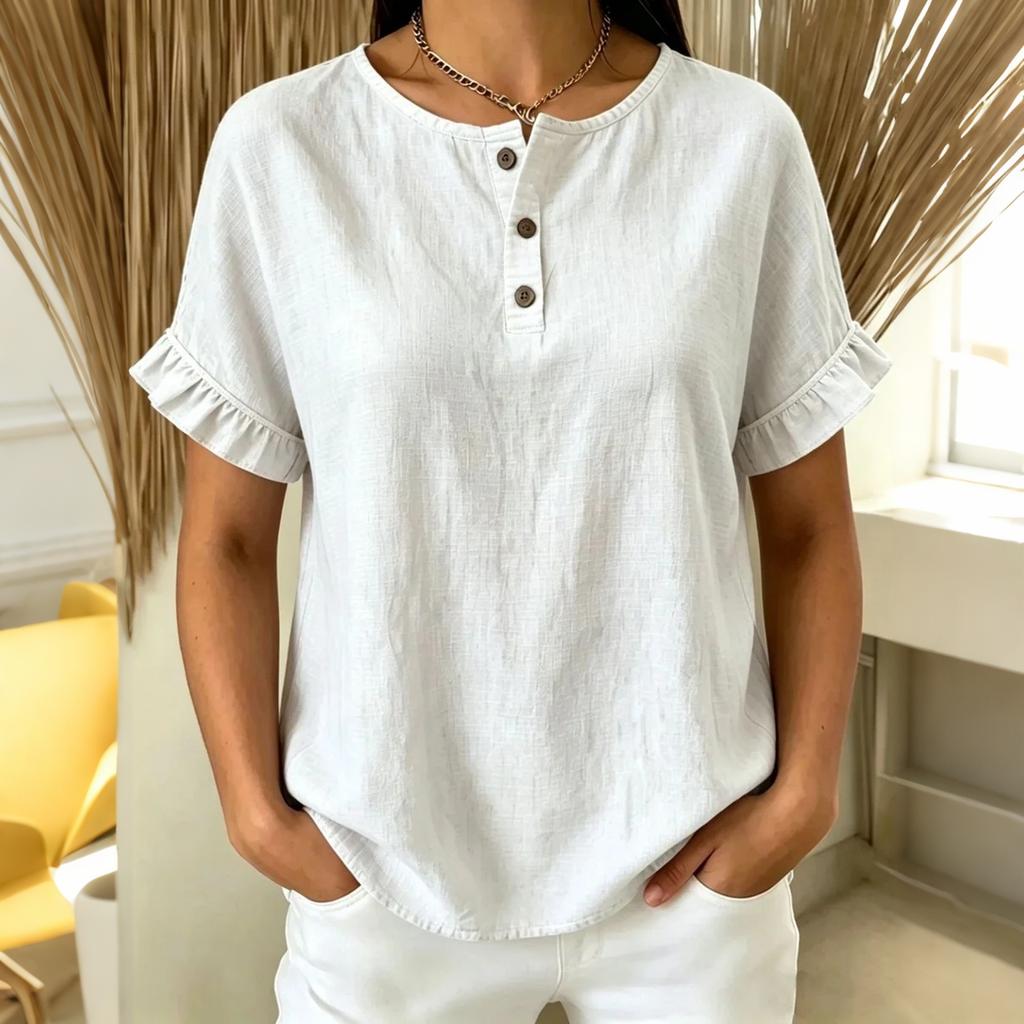 Women Loose Fit Short Sleeve Blouse Ruffle Trim Button Front Top Casual Lightweight Summer Shirt