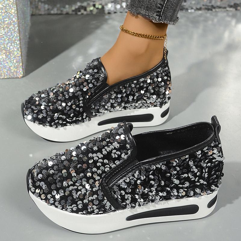 Shiny Sequin Platform Loafers for Women New Fashion Thick Sole Slip-On Sneakers Woman Lightweight Height Increasing Casual Shoes