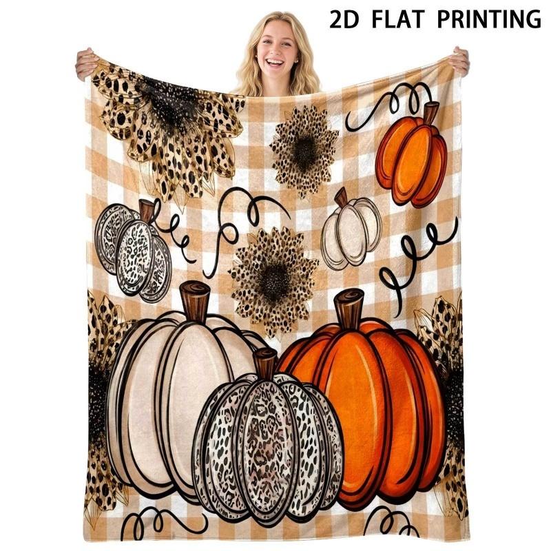 Plaid Leopard Sunflower Pumpkin Print Throw Blanket, Autumn Harvest Themed Home Sofa Cover