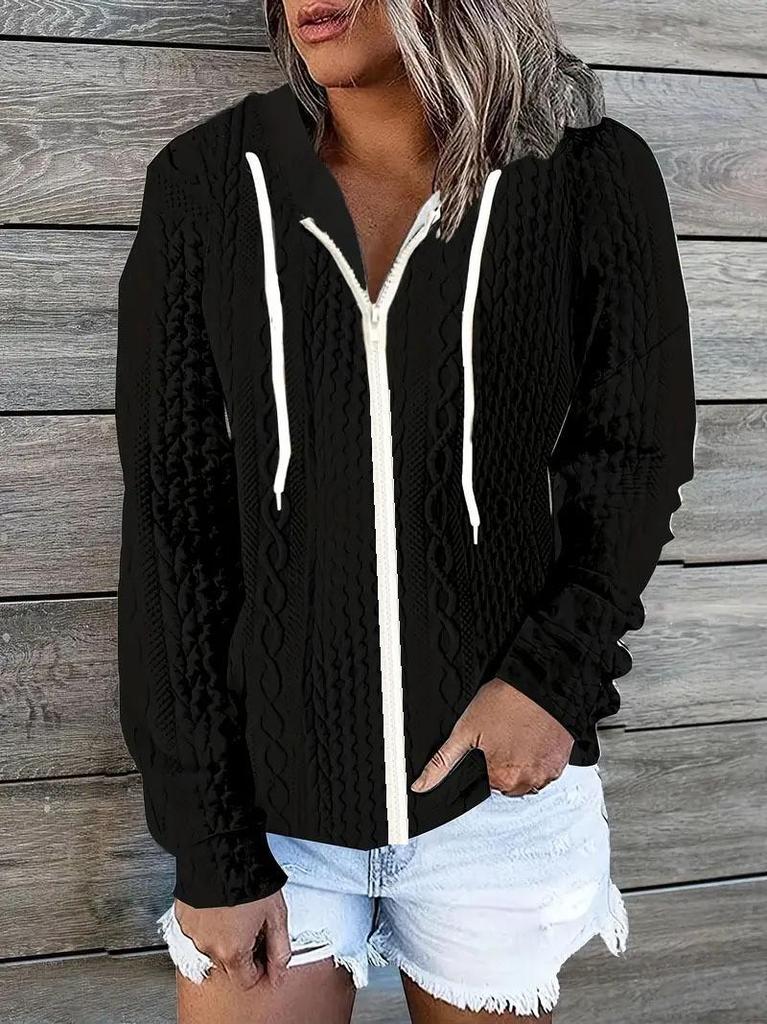 European & American Women's Autumn/Winter Casual Zipper Jacquard Hoodie Cardigan Coat