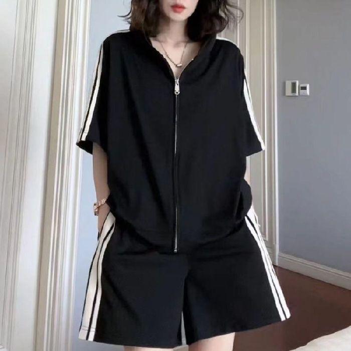 

Women s 2026 Summer Korean Style Casual Sportswear: Loose Fashionable Plus Size Age-Reducing Two-Piece Set 3XL чёрный