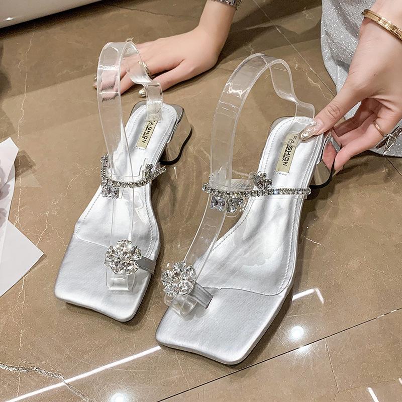Fashion Hot Selling Crystal Women Slippers Fashion Mid Heels Shoes 2025 French Style Clip Toe Flip Flops Summer New Slides Sandals Shoes