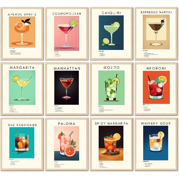 TRAMIN 12pcs Vintage Cocktail Poster, Retro Cocktail Wall Art, Bar Cart Accessories and Decor, Funky Drink Aesthetic Pictures, Colorful Preppy Bar