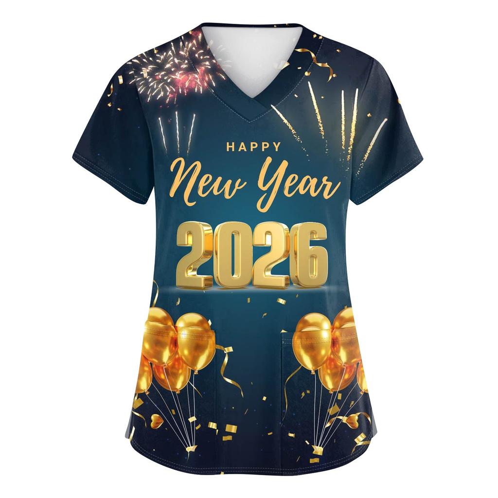 Damenmode Bedruckte Kurzarm-Oberteile mit V-Ausschnitt und Muster, Taschen, Arbeits-T-Shirts